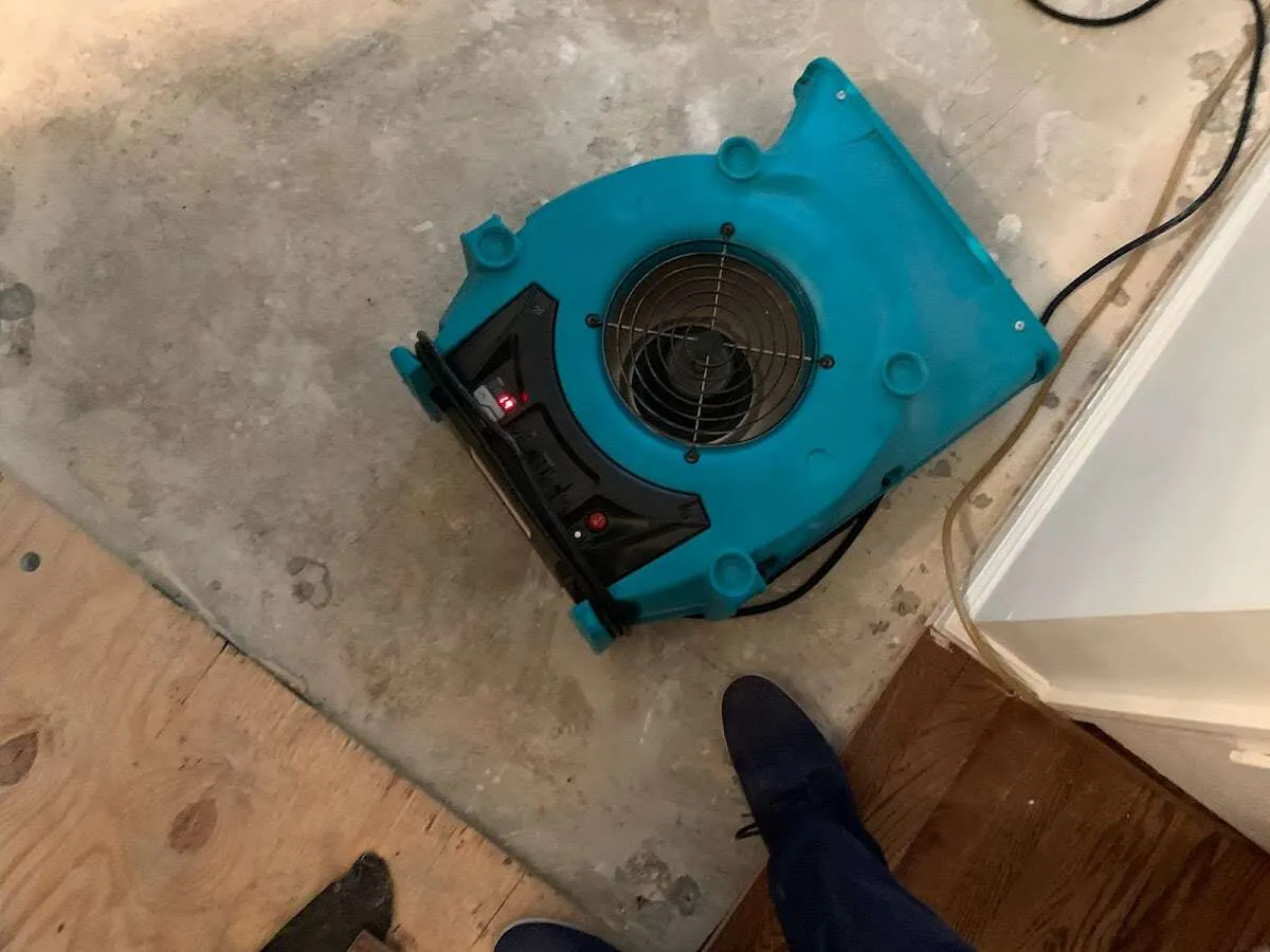Air mover drying subfloor during Commercial Water Damage Restoration in Mills River